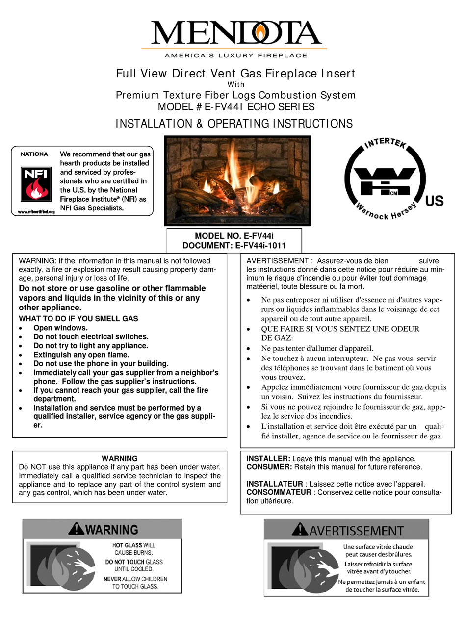 MENDOTA E-FV44I ECHO SERIES INSTALLATION & OPERATING INSTRUCTIONS