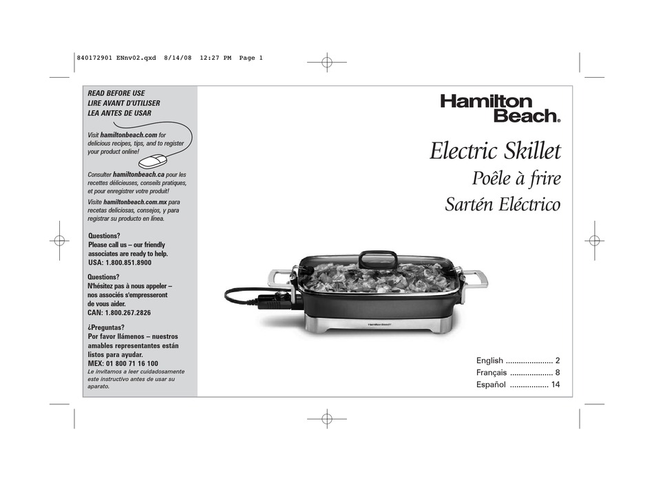HAMILTON BEACH ELECTRIC SKILLET INSTRUCTIONS MANUAL Pdf Download