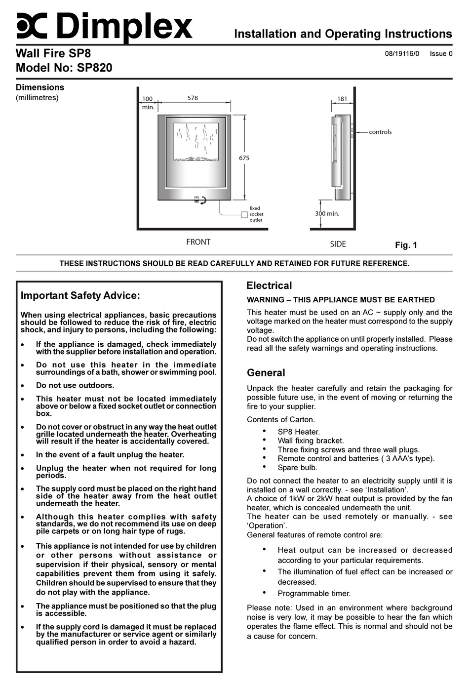 DIMPLEX SP820 INSTALLATION AND OPERATING INSTRUCTIONS MANUAL Pdf Download |  ManualsLib