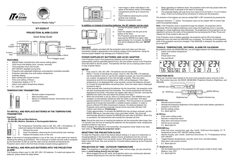 La Crosse Wt 5220u It Quick Setup, La Crosse Technology 616 146 Atomic Color Projection Alarm Clock Manual