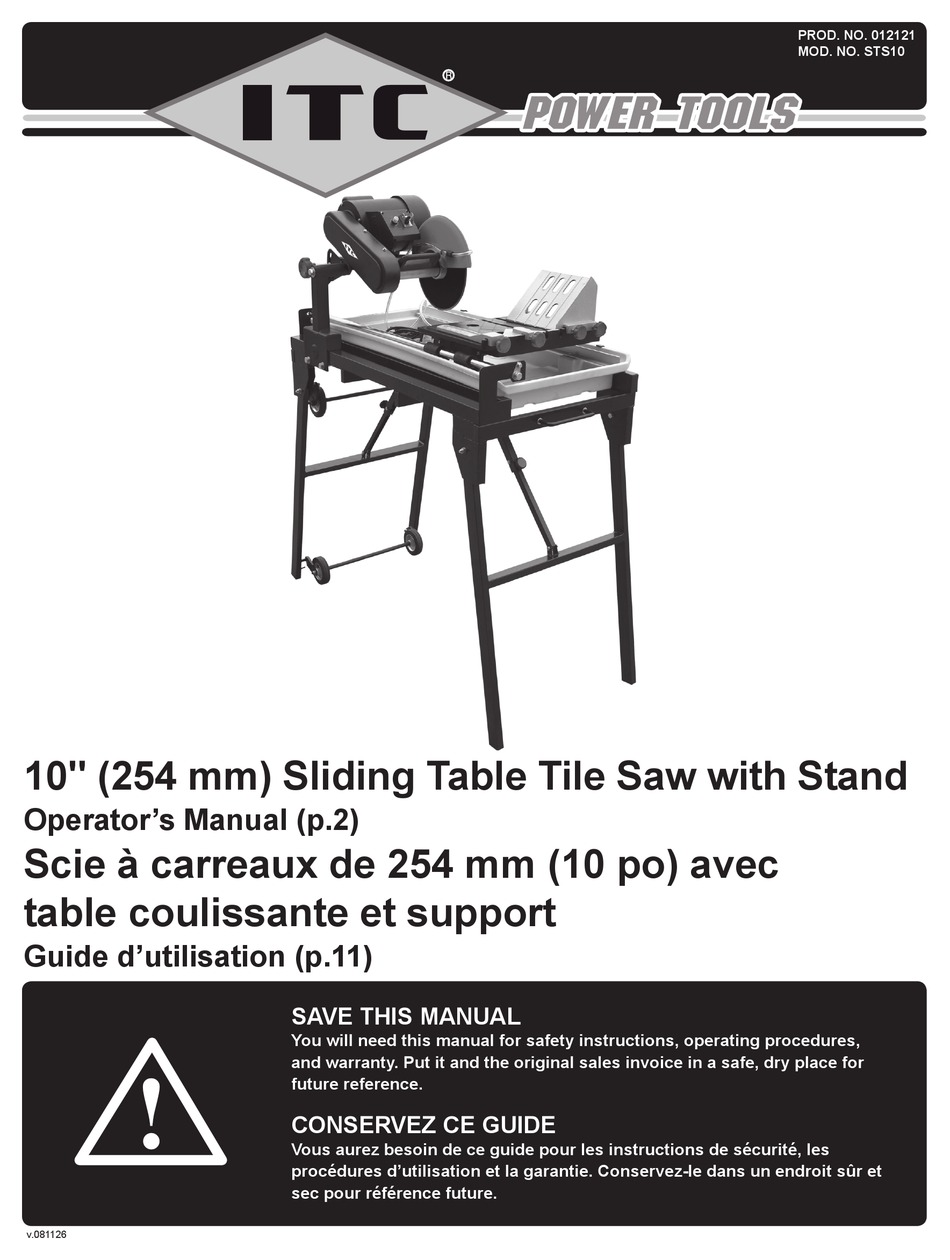 ITC TILE SAW OPERATOR'S MANUAL Pdf Download ManualsLib