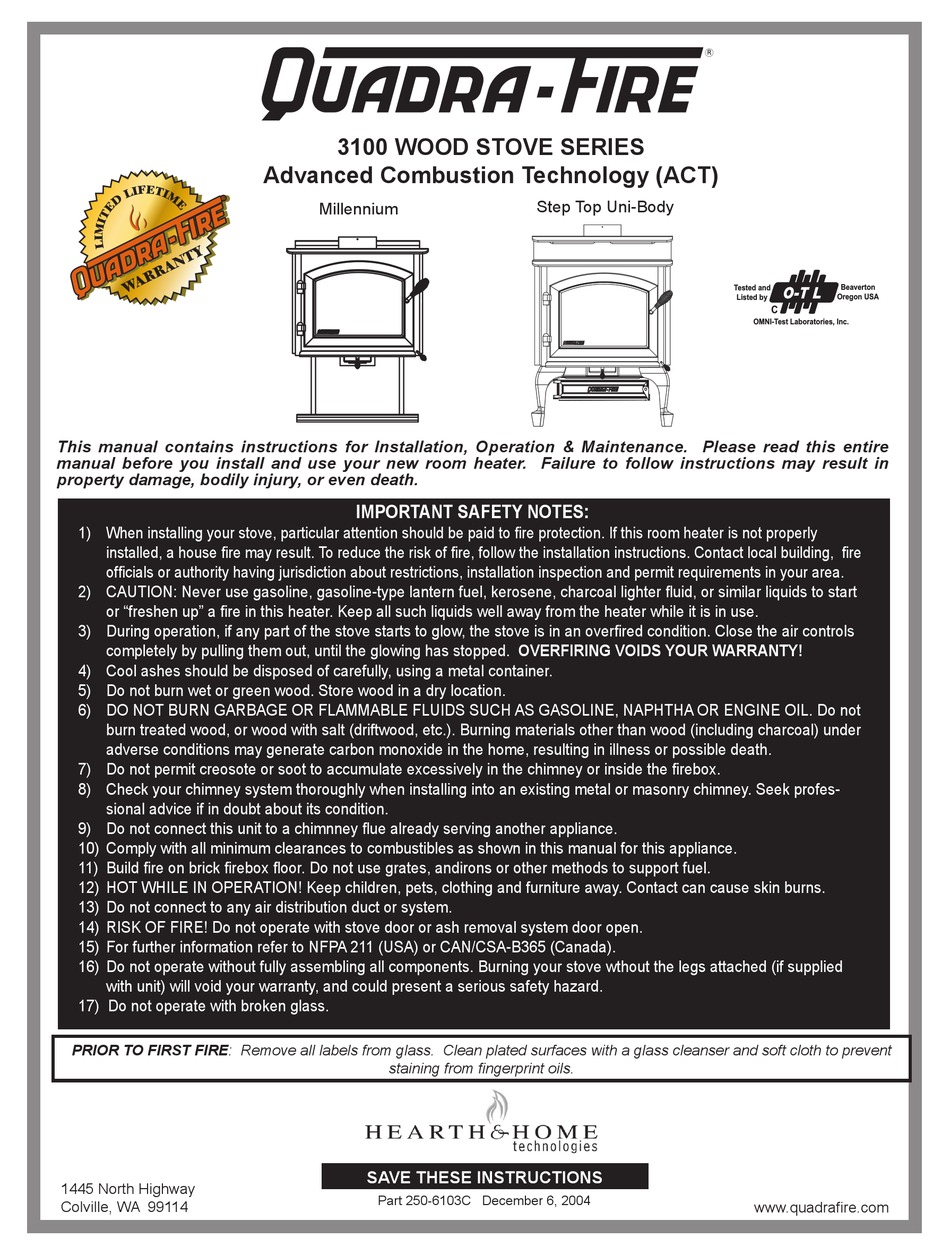 Quadra Fire 3100 Act Series Wood Stove Manual