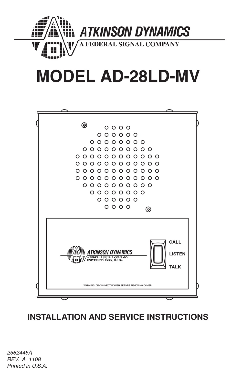 ATKINSON DYNAMICS AD28LDMV INSTALLATION AND SERVICE INSTRUCTIONS