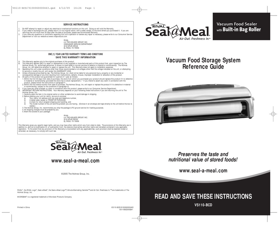 RIVAL Seal-A-Meal Vacuum Food Sealer VS110-I/UK - !!! EUROPEAN PLUG !!!