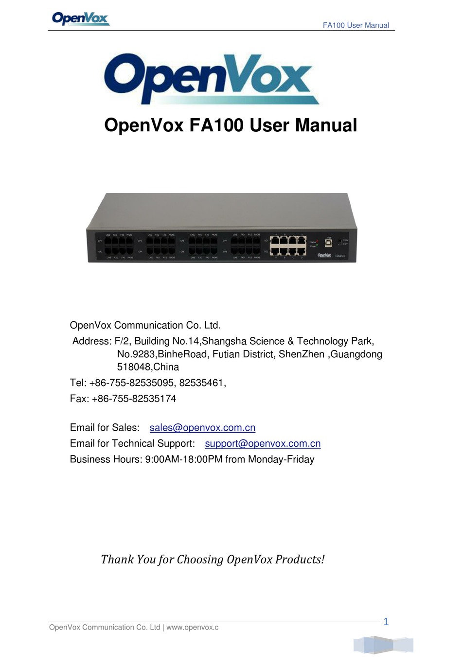 OPENVOX FA100 USER MANUAL Pdf Download | ManualsLib