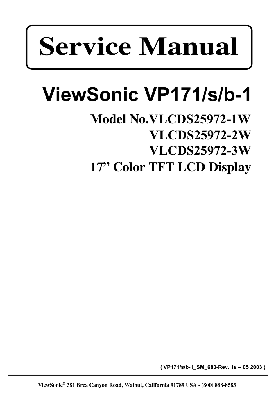 VIEWSONIC VP171 SERVICE MANUAL Pdf Download ManualsLib