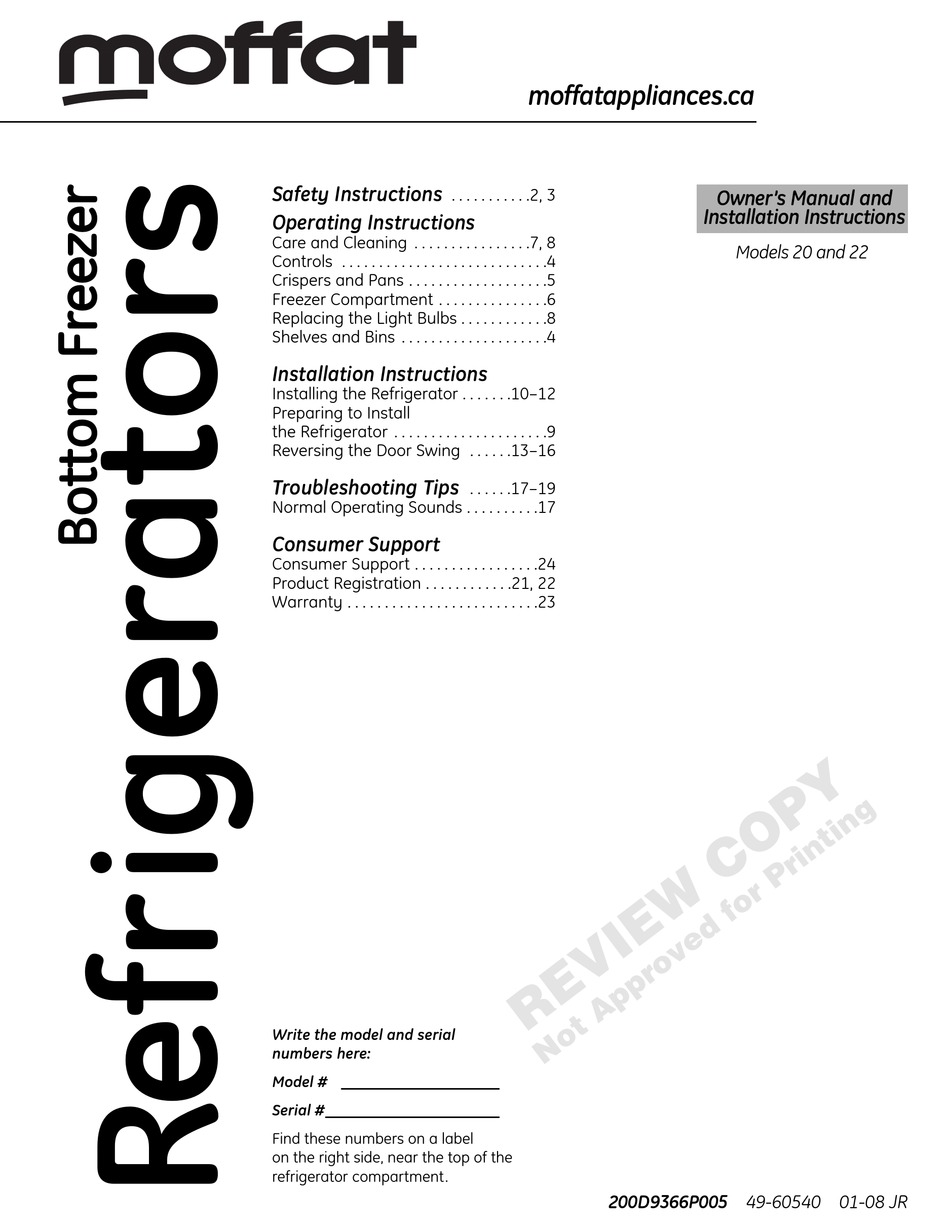 MOFFAT 20 OWNER'S MANUAL AND INSTALLATION INSTRUCTIONS Pdf Download