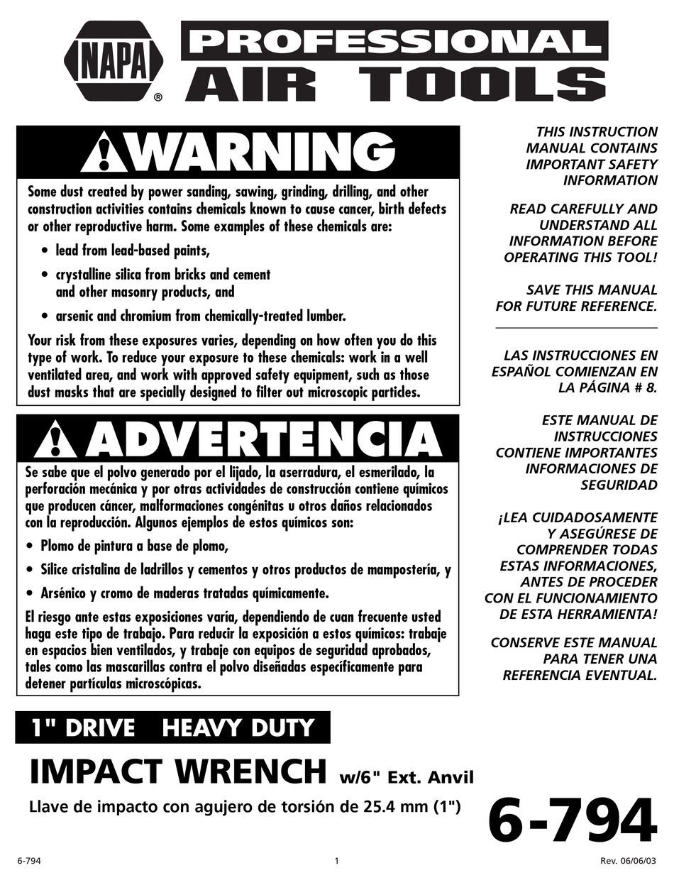 NAPA IMPACT WRENCH INSTRUCTION MANUAL Pdf Download ManualsLib