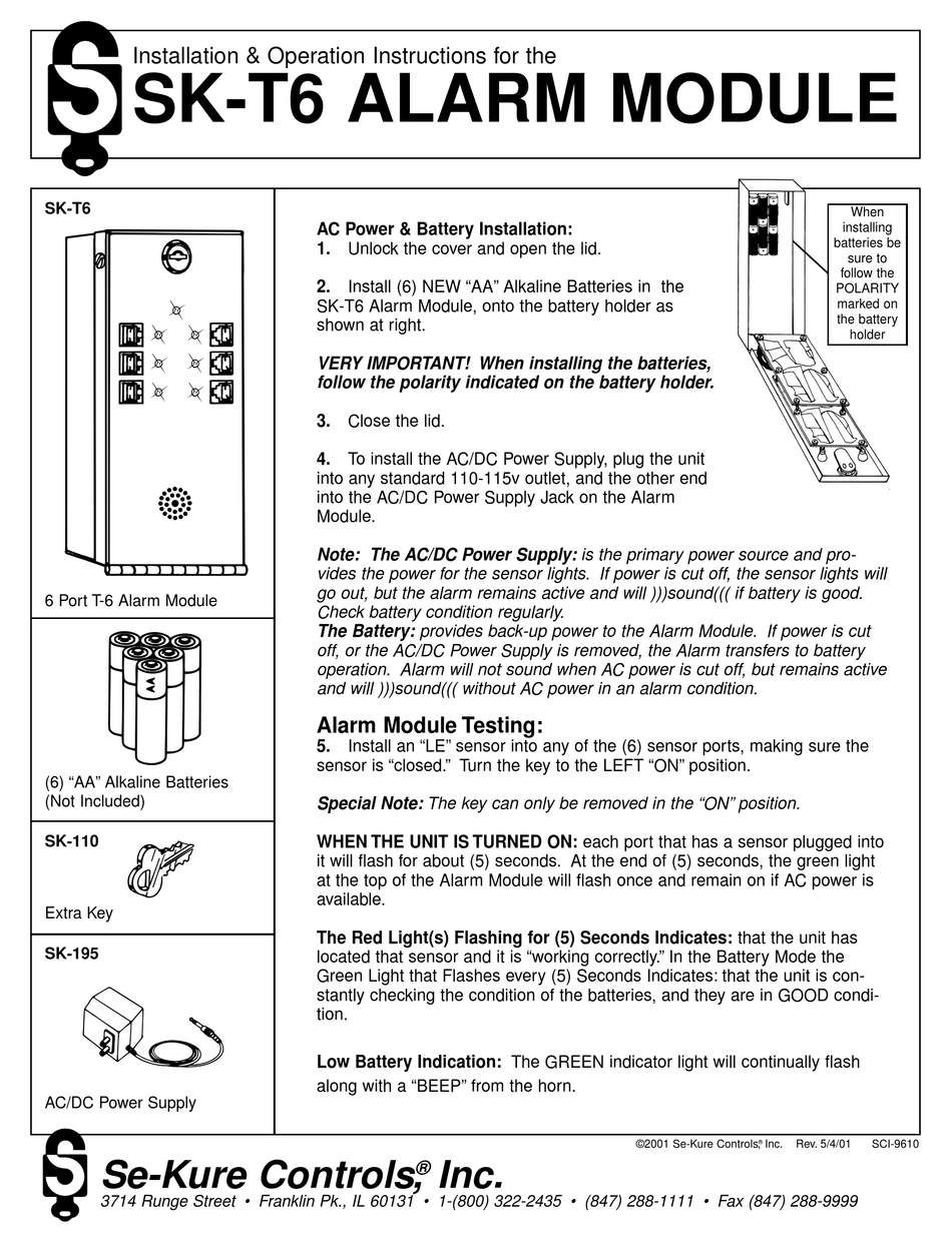 SEKURE CONTROLS SKT6 INSTALLATION & OPERATION INSTRUCTIONS Pdf