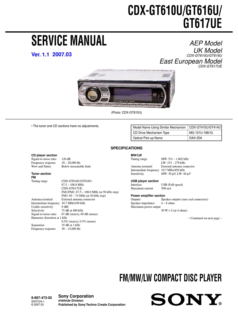 Sony Cdx Gt610u Service Manual Pdf