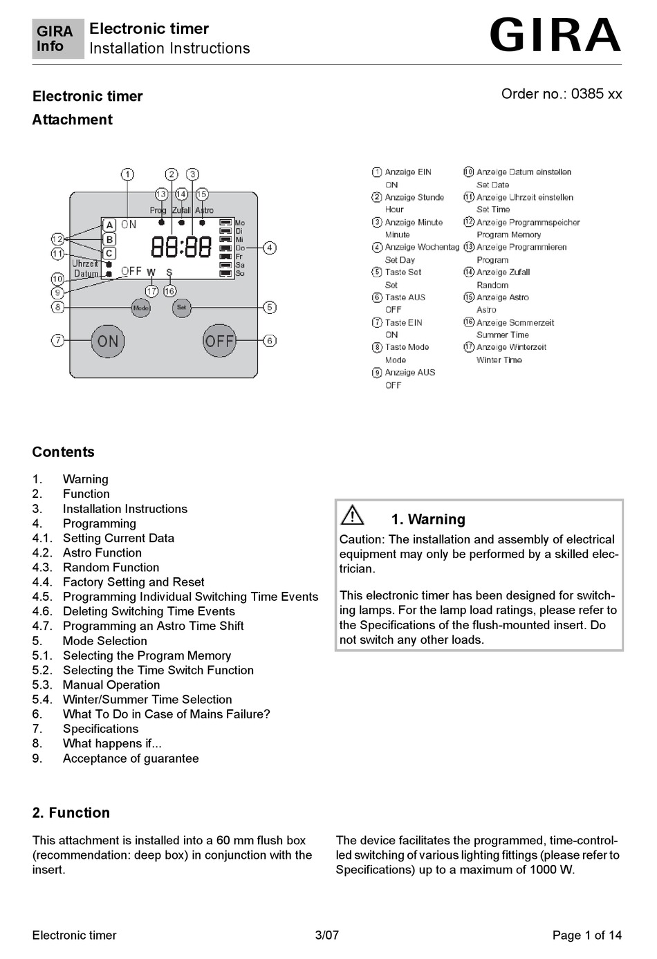 GIRA ELECTRONIC TIMER INSTALLATION INSTRUCTIONS MANUAL Pdf Download