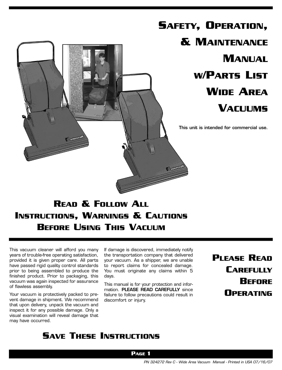 MASTERCRAFT WIDE AREA VACUUM SAFETY, OPERATION & MAINTENANCE MANUAL Pdf