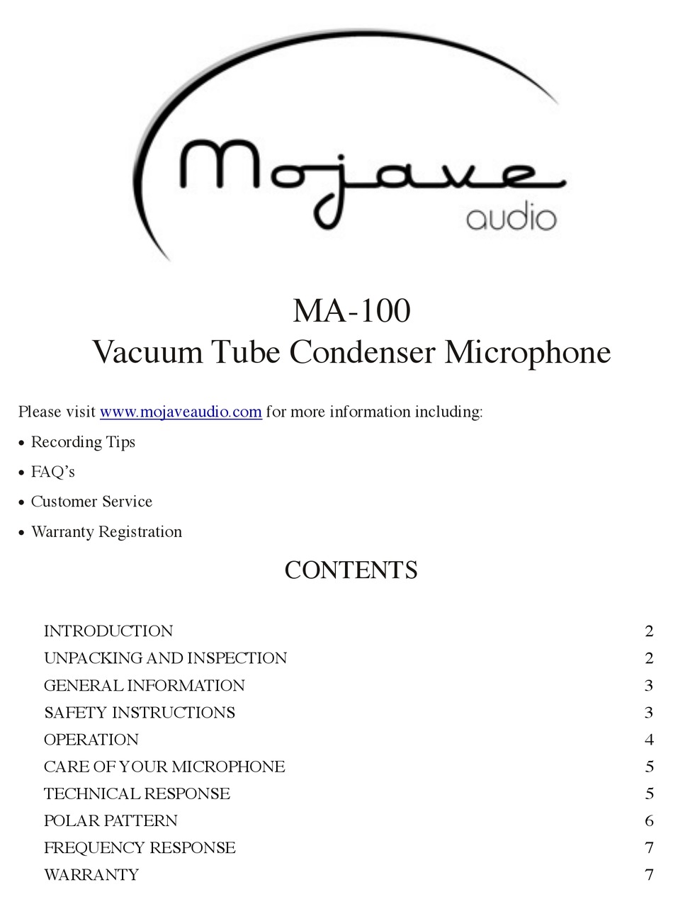 MOJAVE AUDIO MA100 USER MANUAL Pdf Download ManualsLib