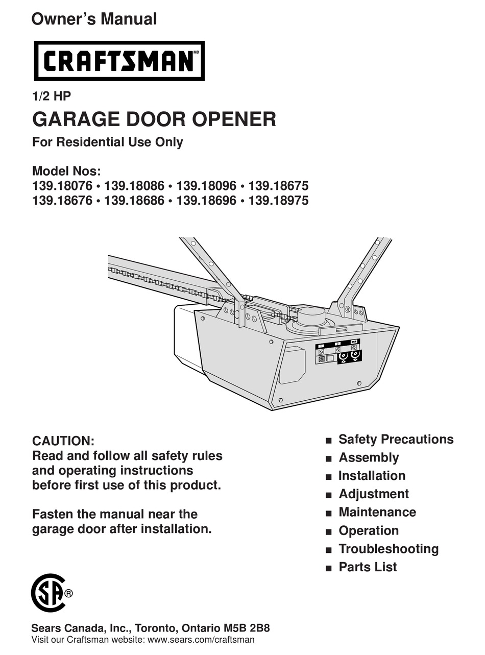 Sears Craftsman Garage Door Opener Troubleshooting 1 2 Hp - Craftsman 139 18076