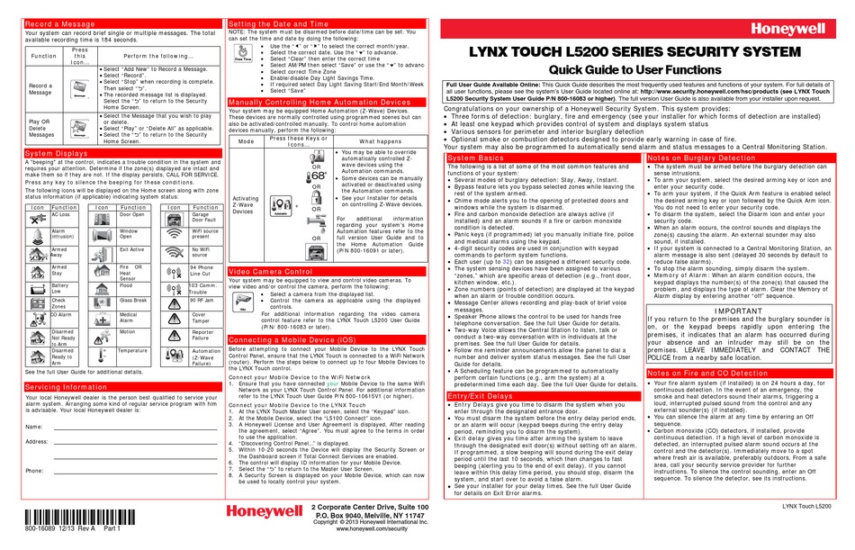 Honeywell Lynx Touch L5200 Quick Manual Pdf Download Manualslib