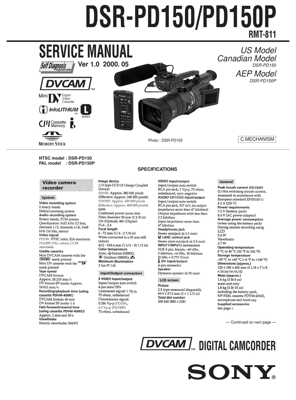 Sony Dvcam Dsr Pd150 Service Manual Pdf Download Manualslib