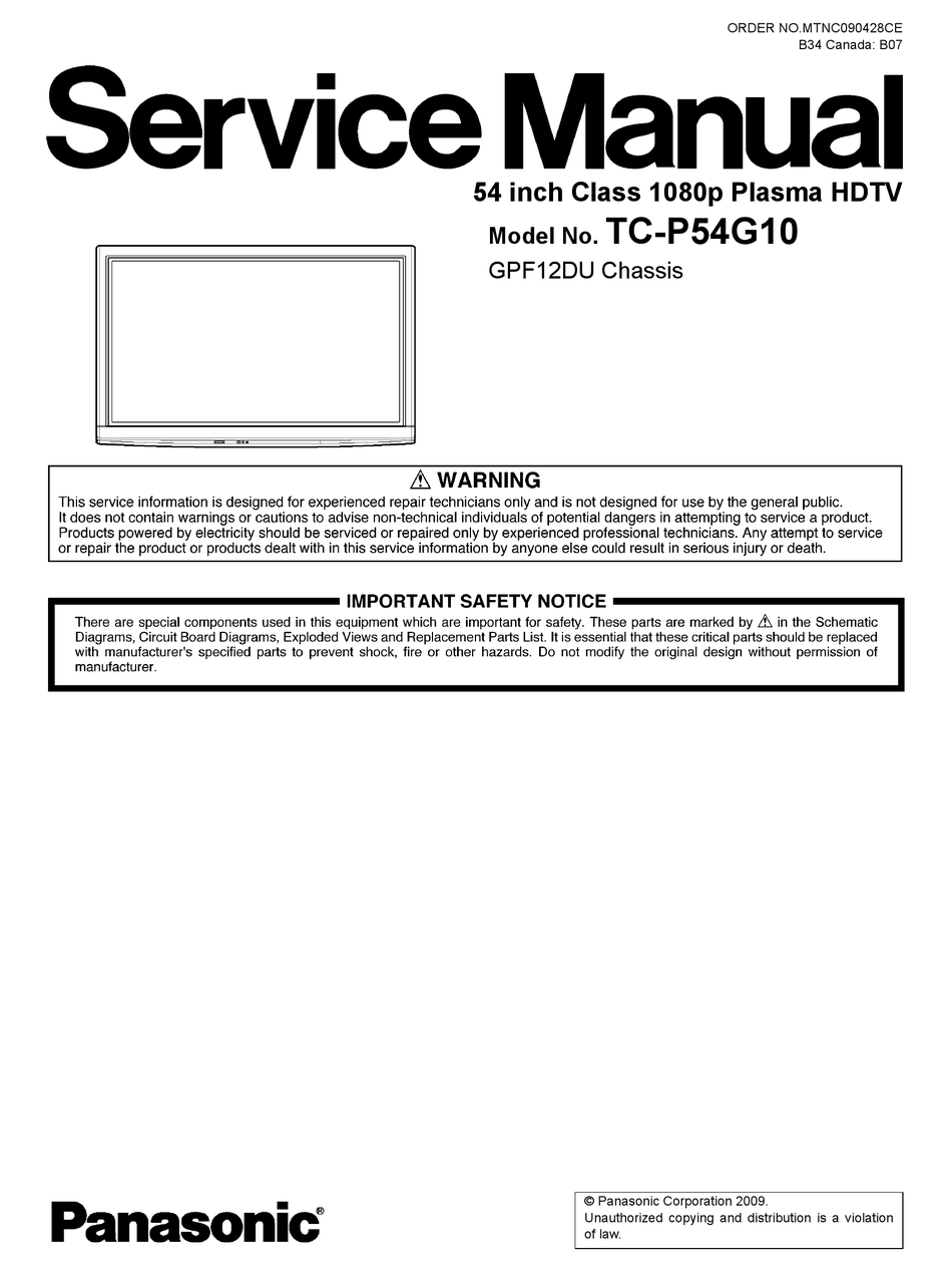PANASONIC TC-P54G10 SERVICE MANUAL Pdf Download | ManualsLib