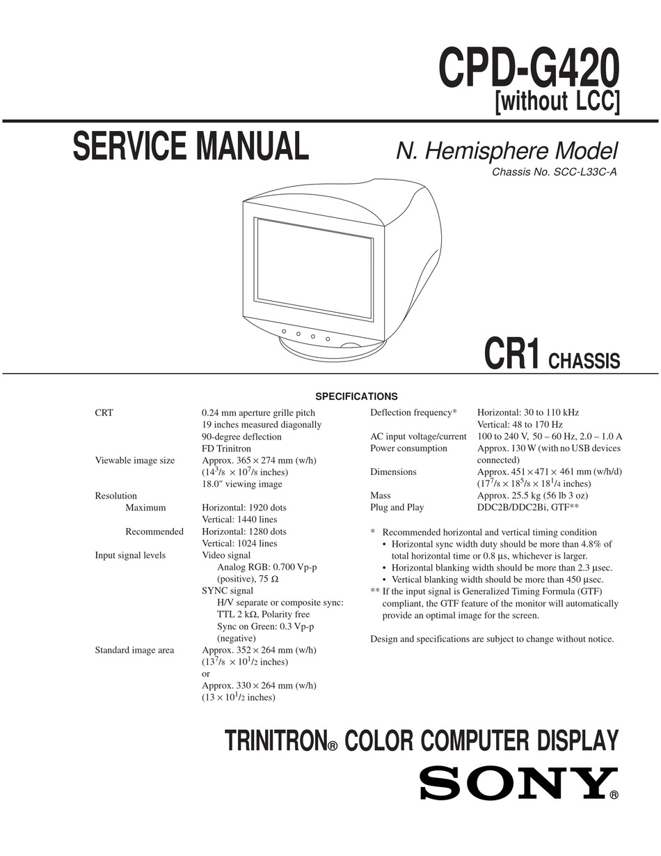 SONY TRINITRON CPD-G420 SERVICE MANUAL Pdf Download | ManualsLib