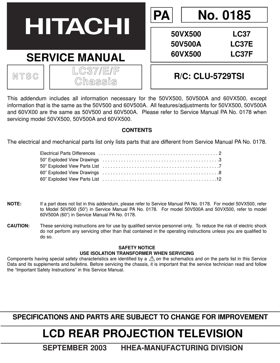 Hitachi 50vx500 Service Manual Pdf Download Manualslib