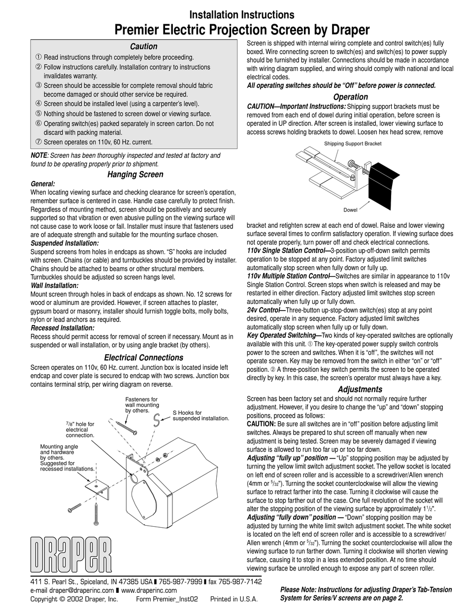 DRAPER PREMIER INSTALLATION INSTRUCTIONS Pdf Download ManualsLib