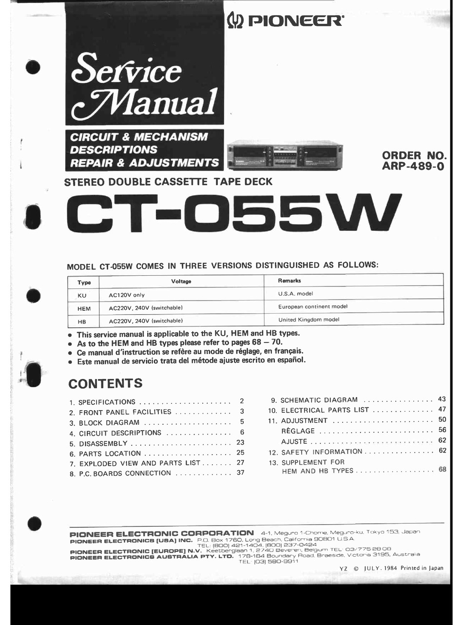 Pioneer Ct 055w Service Manual Pdf Download Manualslib