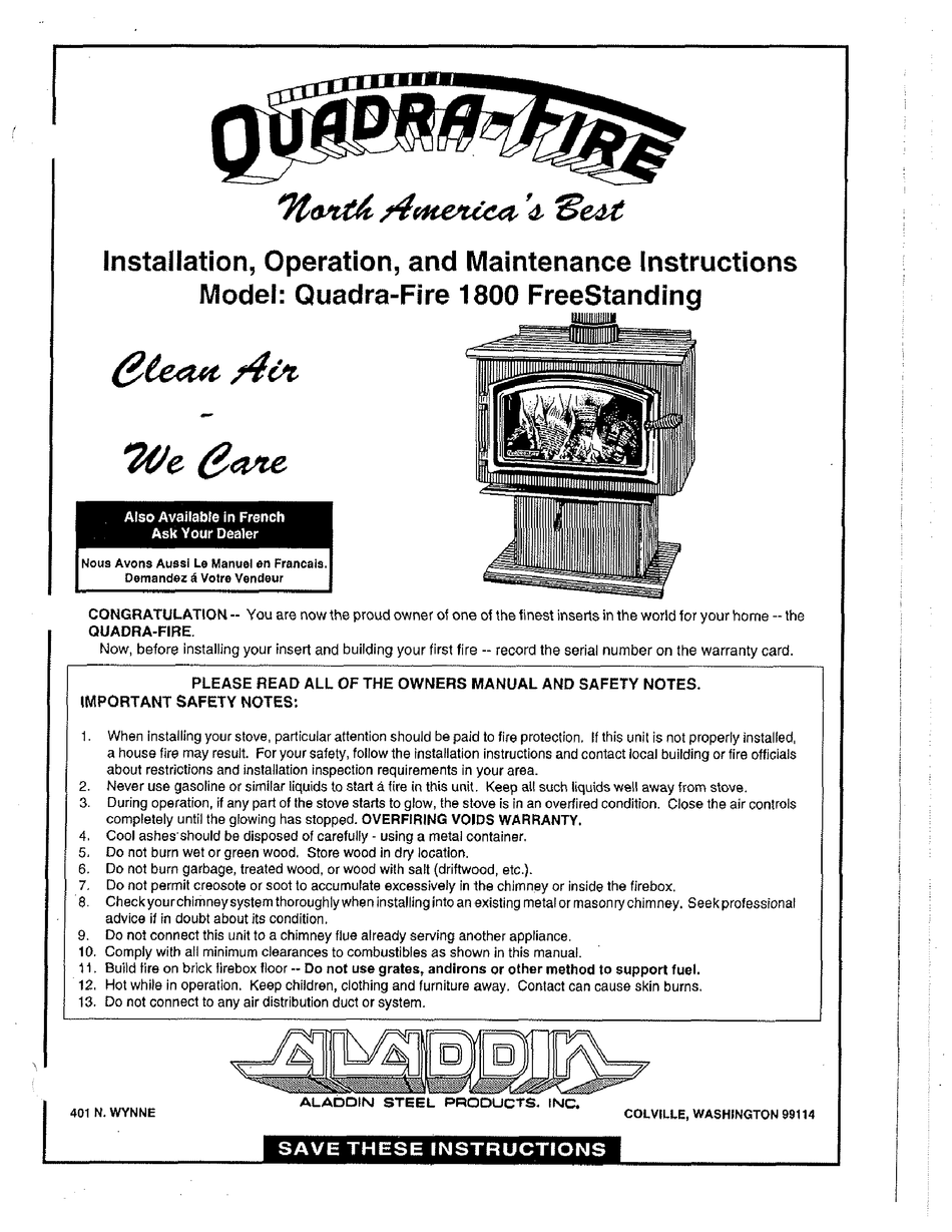 QUADRA-FIRE 18000 FREESTANDING INSTALLATION u0026 OPERATION MANUAL Pdf Download  | ManualsLib
