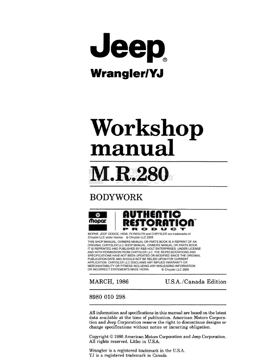 JEEP 1987 WRANGLER WORKSHOP MANUAL Pdf Download | ManualsLib