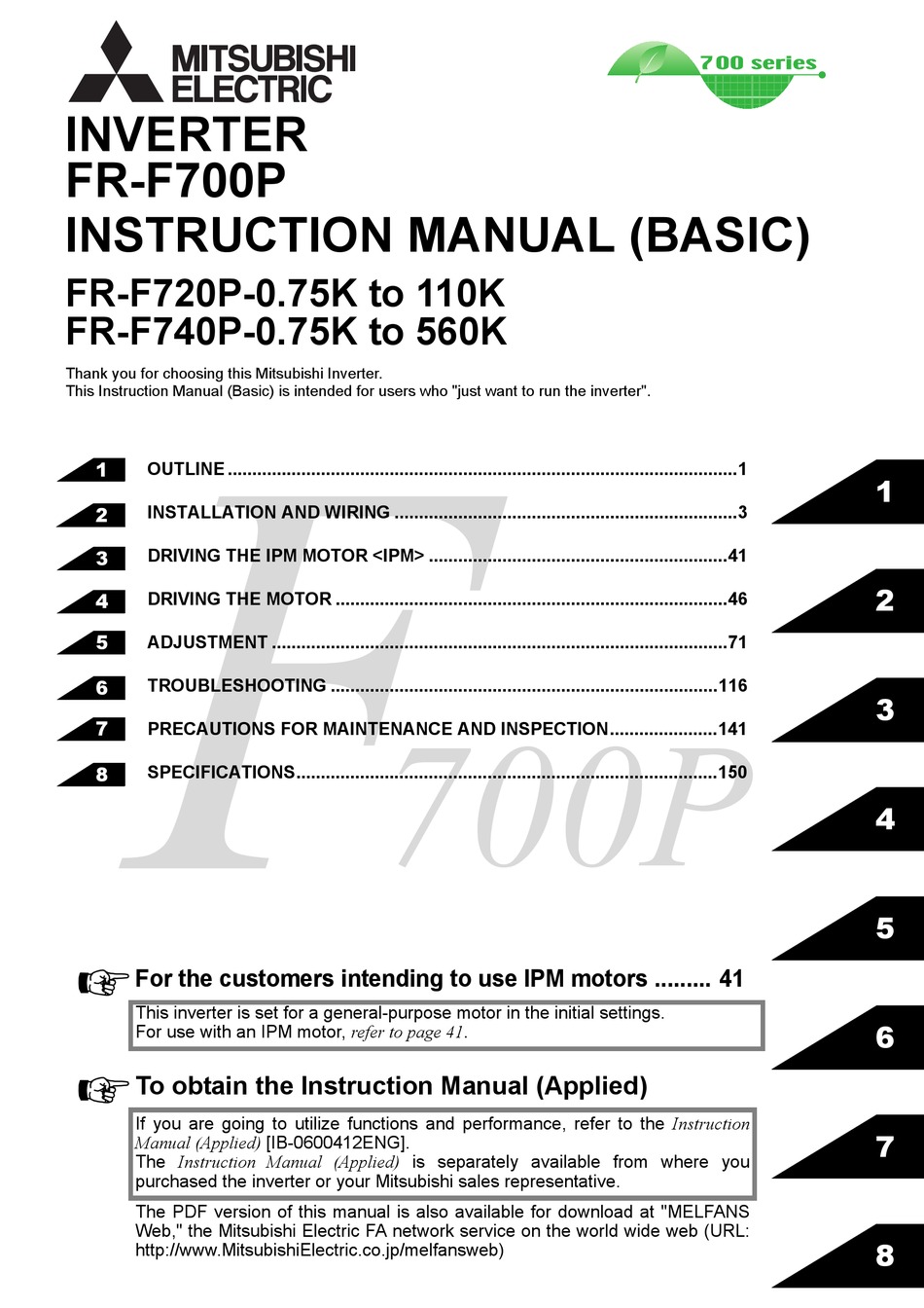 MITSUBISHI ELECTRIC FR-F720P-0.75K INSTRUCTION MANUAL Pdf Download