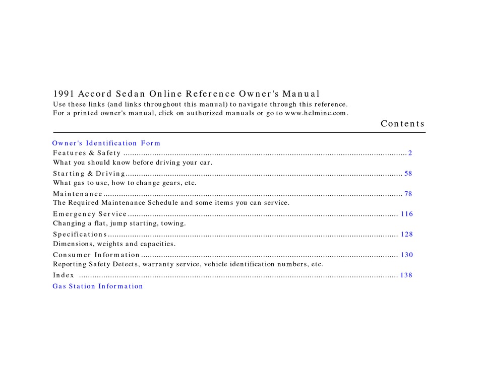 HONDA 1991 ACCORD SEDAN OWNER'S MANUAL Pdf Download | ManualsLib