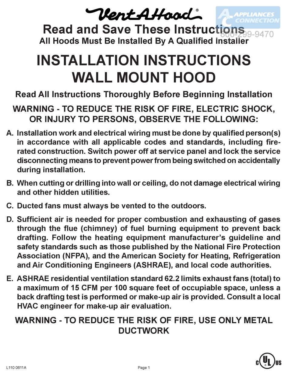 VENTAHOOD WALL MOUNT HOOD INSTALLATION INSTRUCTIONS MANUAL Pdf
