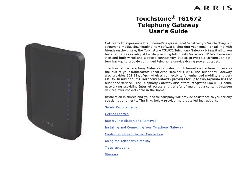 ARRIS TOUCHSTONE TG1672 USER MANUAL Pdf Download | ManualsLib