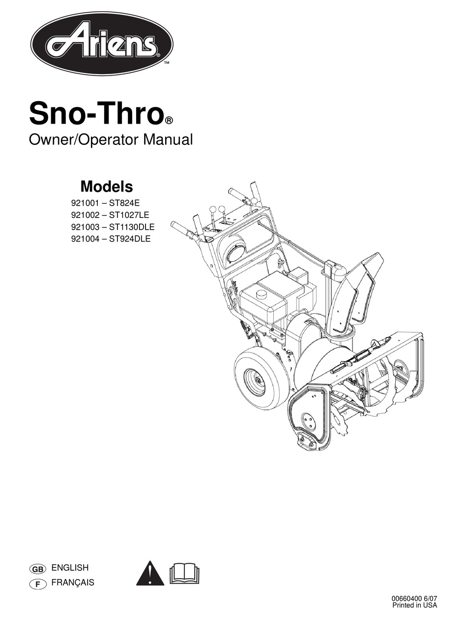 ARIENS SNOTHRO 921001 ST824E OWNER