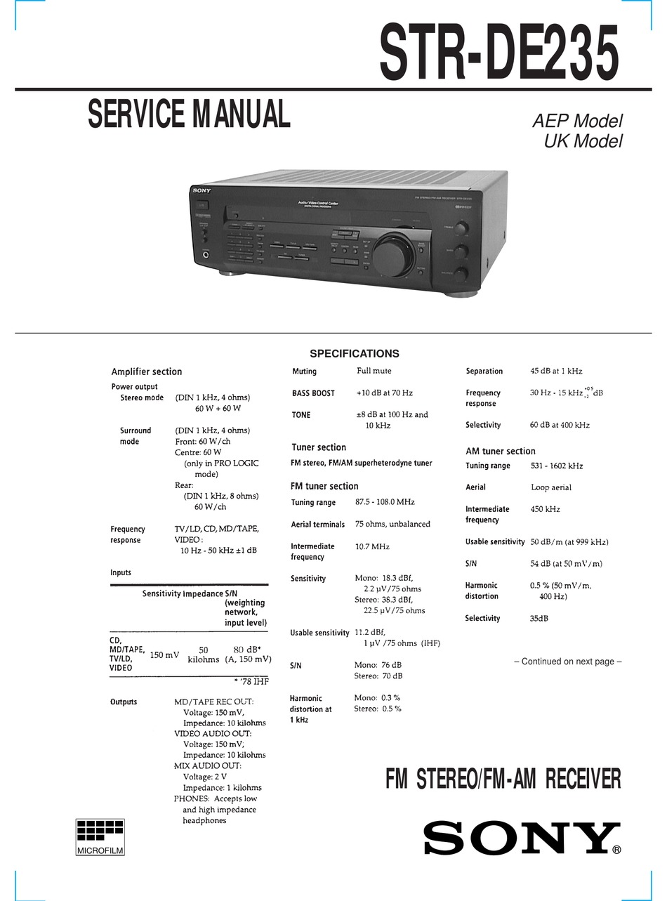 SONY STR-DE235 SERVICE MANUAL Pdf Download | ManualsLib