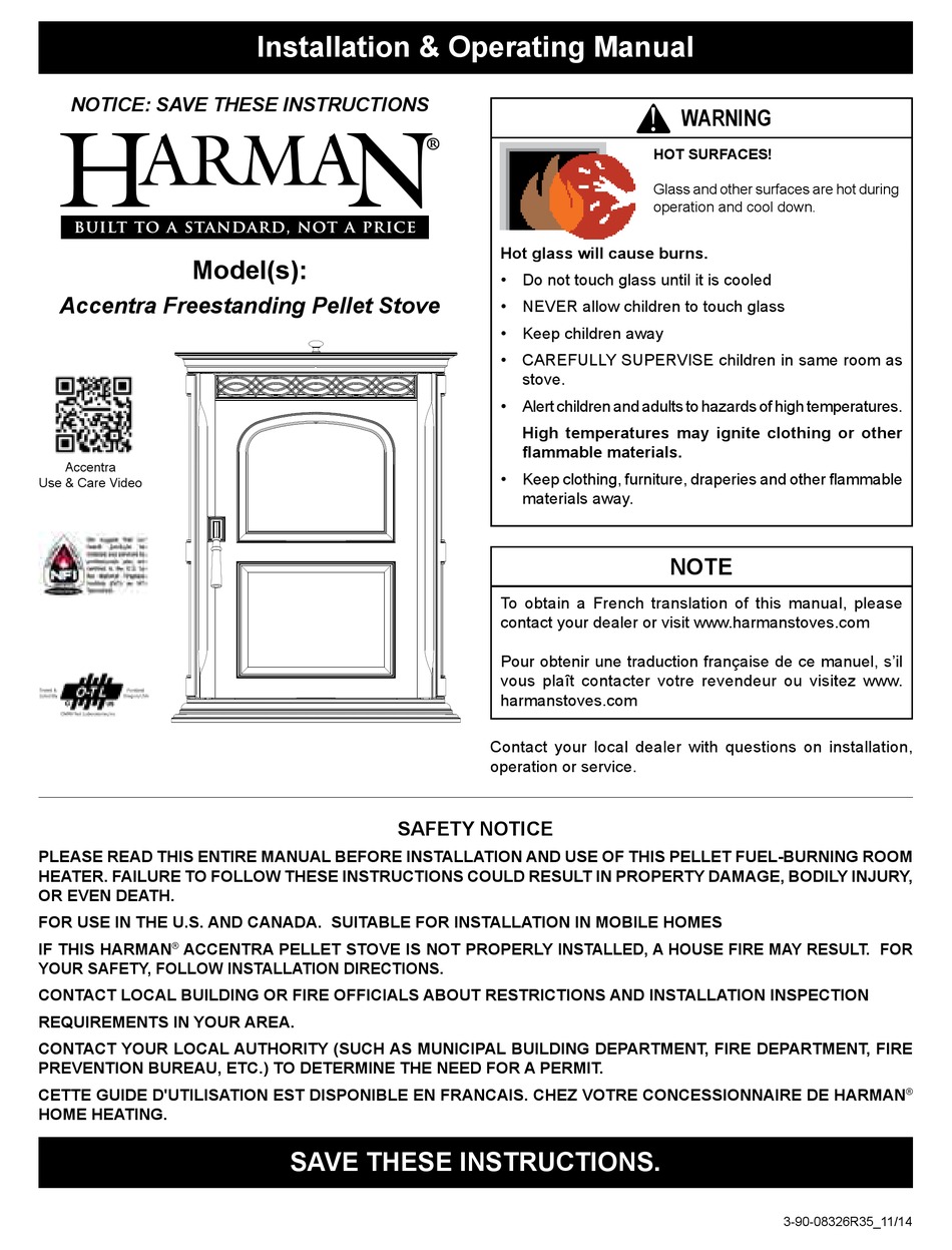 HARMAN ACCENTRA FREESTANDING PELLET STOVE INSTALLATION & OPERATING