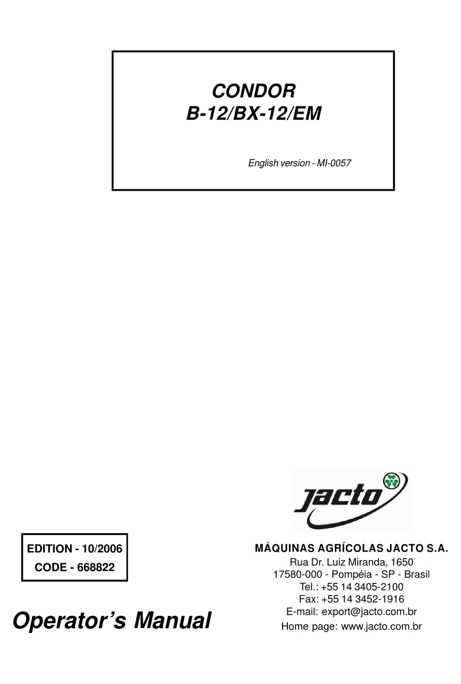 JACTO CONDOR B-12 OPERATOR'S MANUAL Pdf Download | ManualsLib