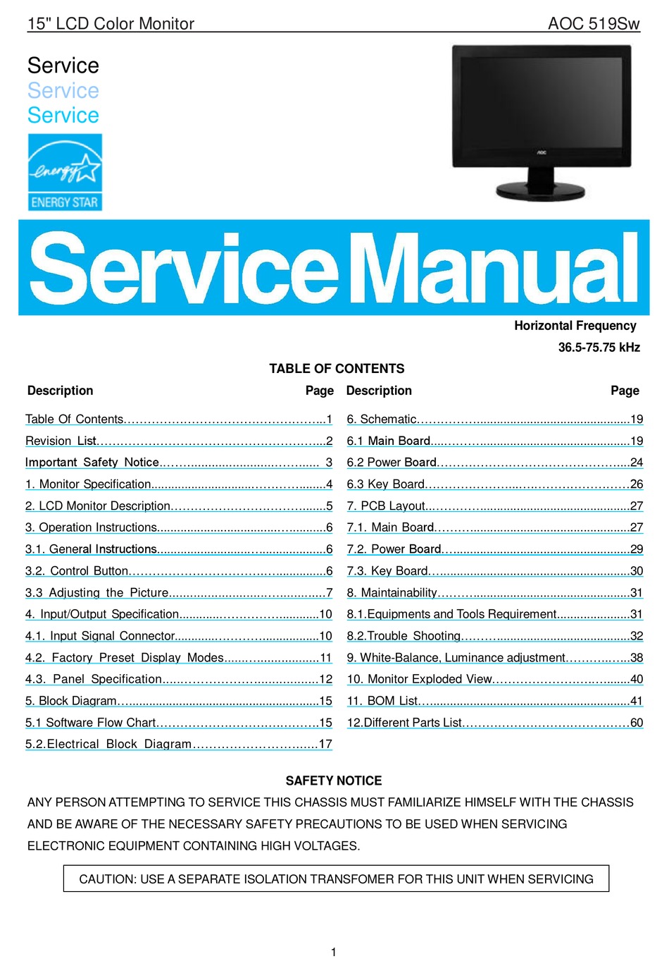 AOC 519SW SERVICE MANUAL Pdf Download ManualsLib