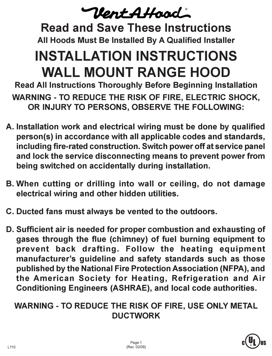 VENTAHOOD 300 CFM B100 INSTALLATION INSTRUCTIONS MANUAL Pdf Download ManualsLib