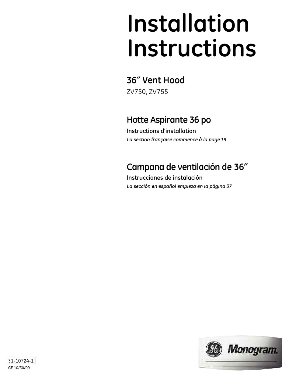 GE MONOGRAM ZV750 INSTALLATION INSTRUCTIONS MANUAL Pdf Download