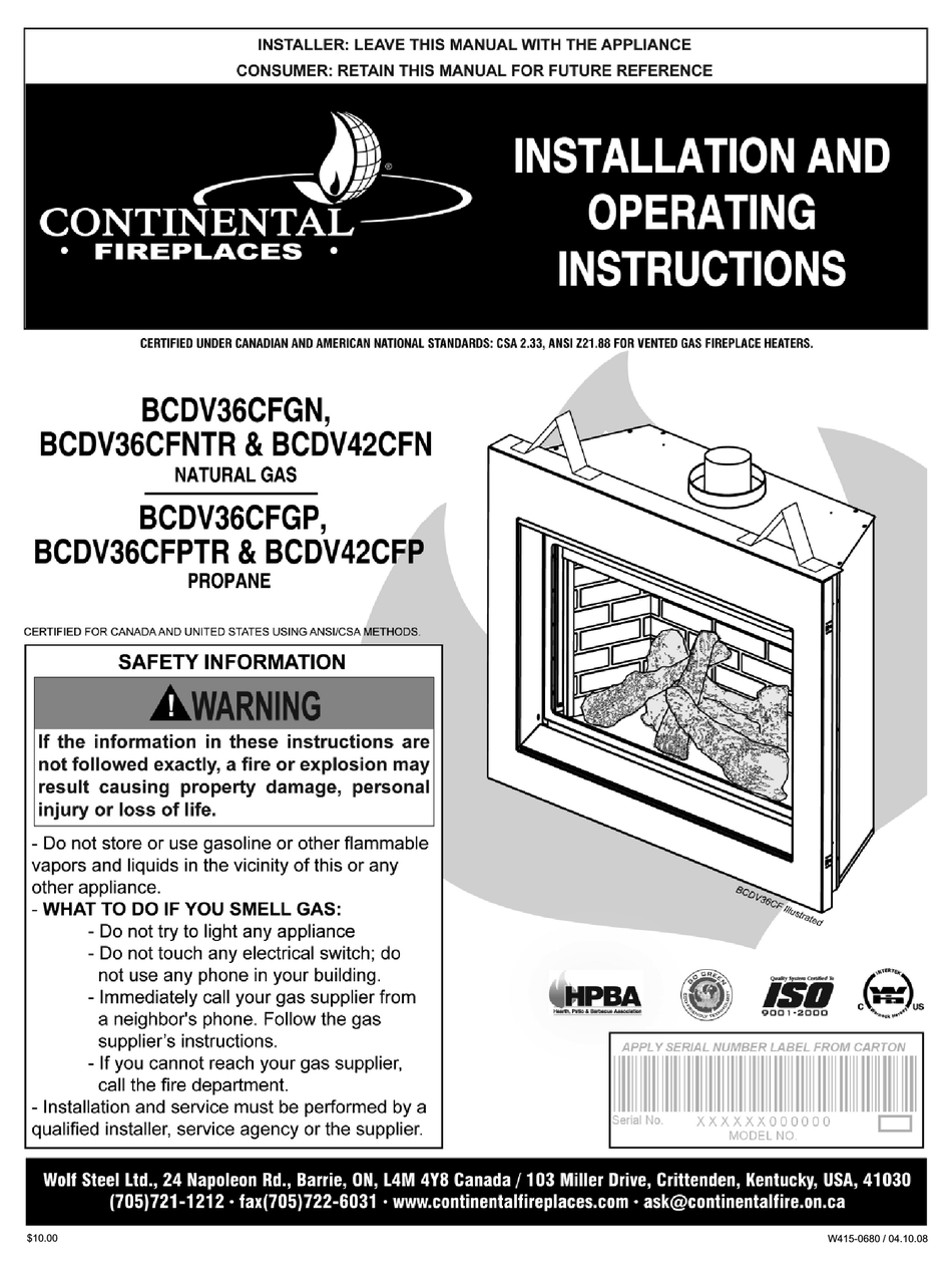 CONTINENTAL FIREPLACES BCDV36CFGN INSTALLATION AND OPERATING
