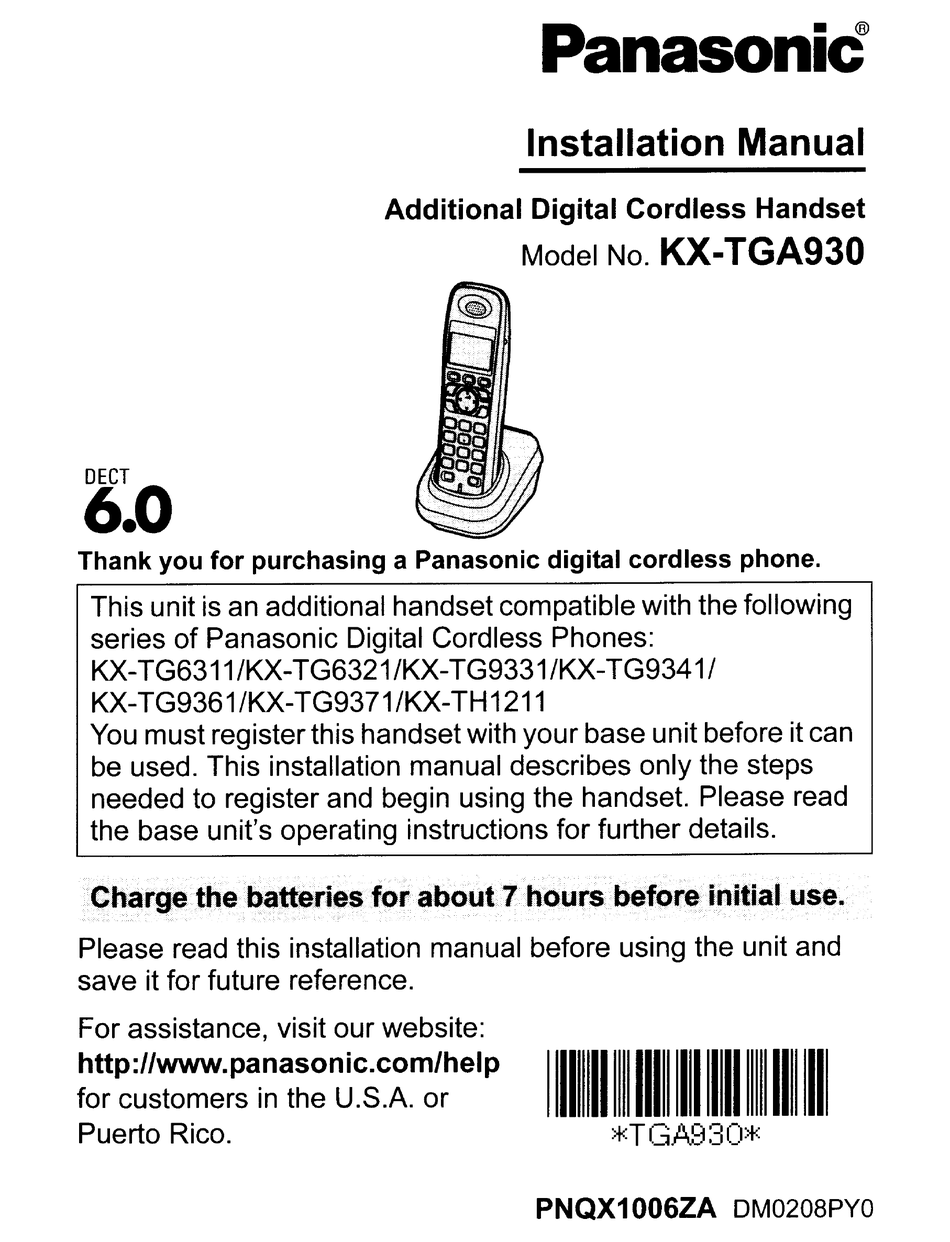 PANASONIC KX-TGA930 INSTALLATION MANUAL Pdf Download | ManualsLib