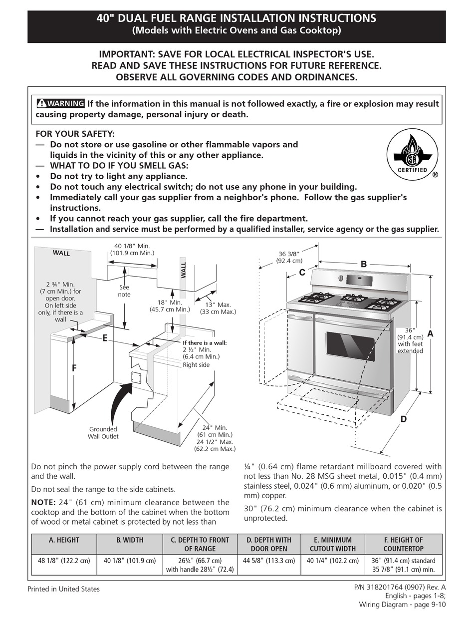 FRIGIDAIRE 40" DUAL FUEL RANGE INSTALLATION INSTRUCTIONS MANUAL Pdf