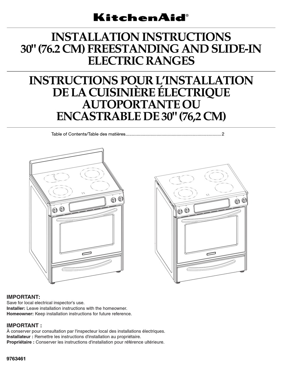 KITCHENAID 30" FREESTANDING RANGE INSTALLATION INSTRUCTIONS MANUAL Pdf