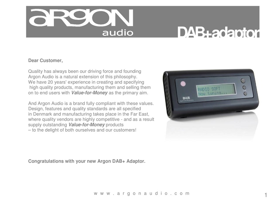 ARGON AUDIO DAB+ ADAPTOR USER MANUAL Pdf Download ManualsLib