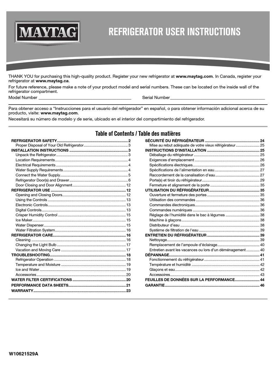 MAYTAG REFRIGERATOR USER INSTRUCTIONS Pdf Download ManualsLib