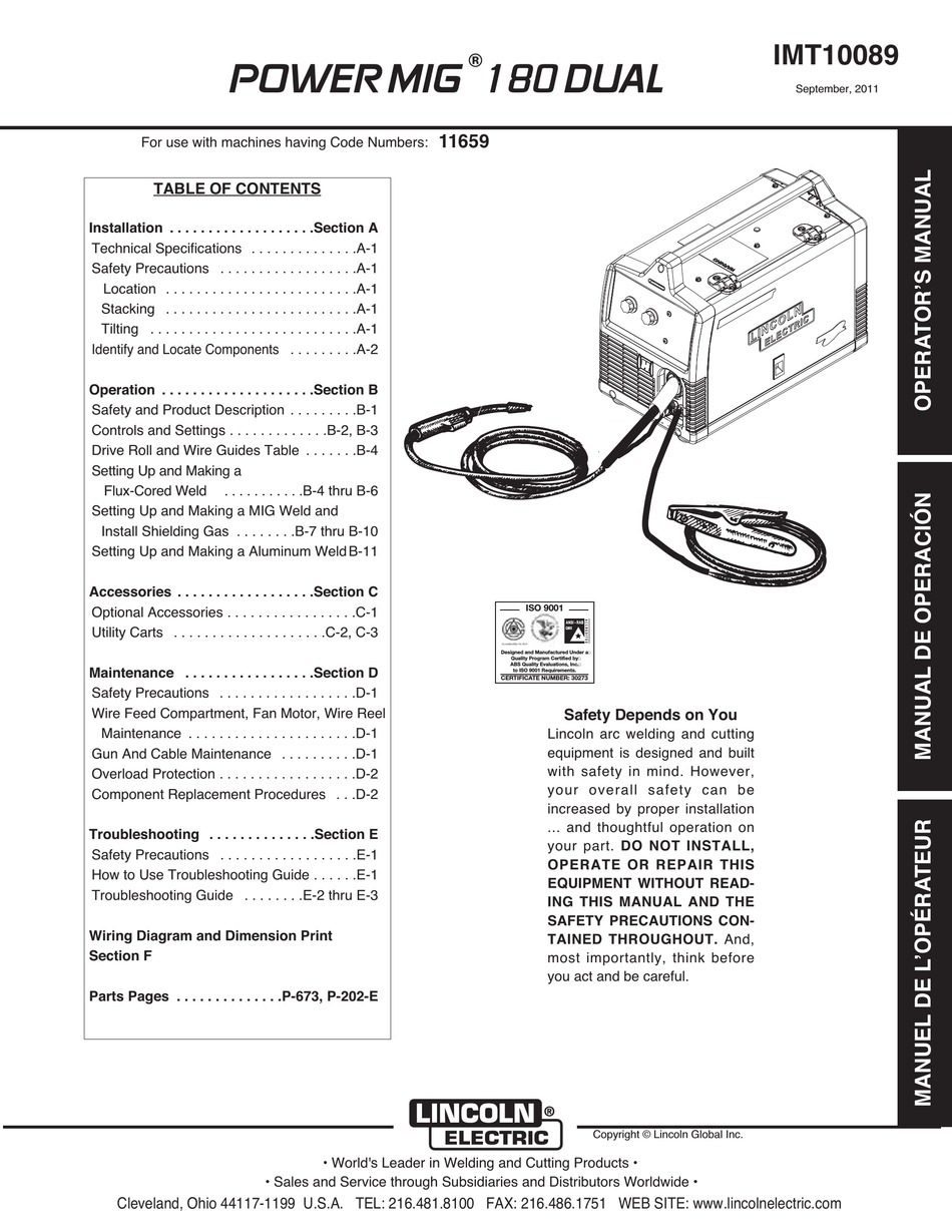 LINCOLN ELECTRIC POWER MIG 180 DUAL OPERATION MANUAL Pdf Download