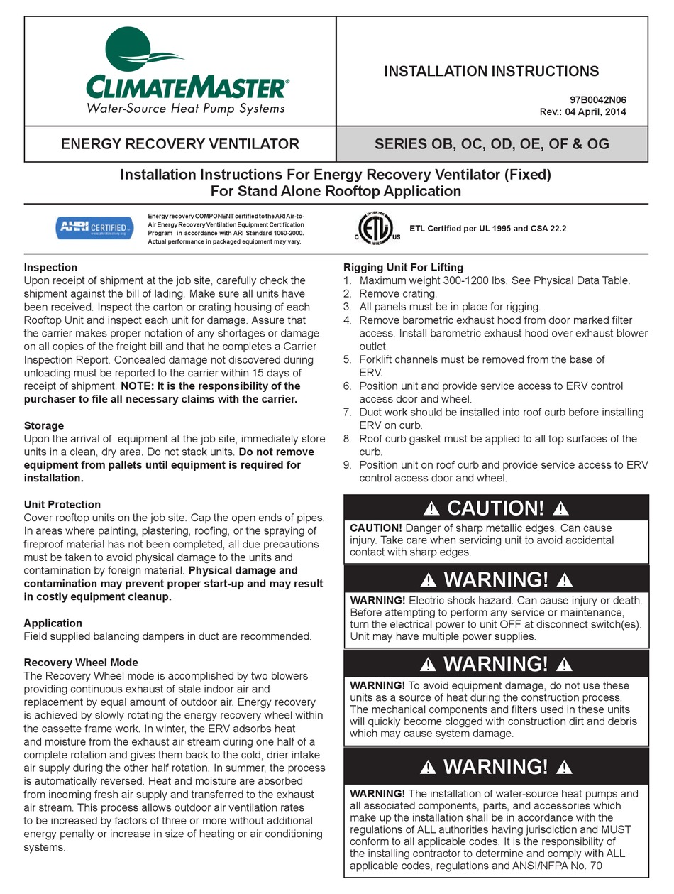 CLIMATEMASTER OB SERIES INSTALLATION INSTRUCTIONS MANUAL Pdf Download