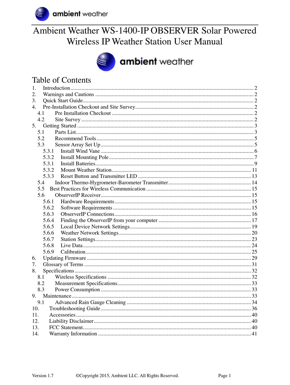 AMBIENT WEATHER WS-1400-IP OBSERVER USER MANUAL Pdf Download | ManualsLib