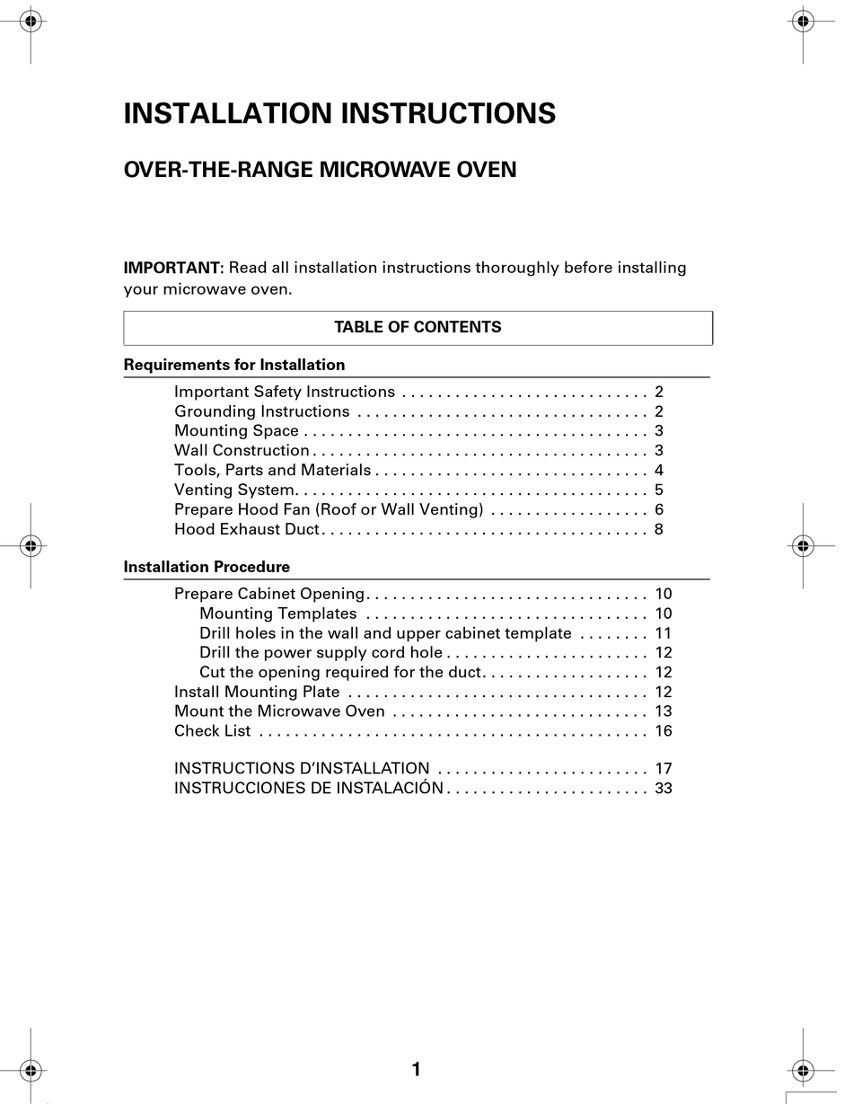 MAYTAG OVERTHERANGE MICROWAVE OVEN INSTALLATION INSTRUCTIONS MANUAL