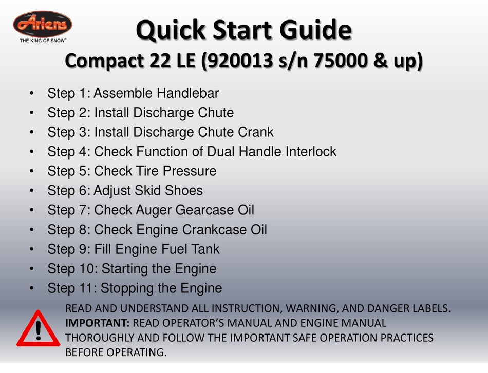 ARIENS COMPACT 22 LE QUICK START MANUAL Pdf Download ManualsLib