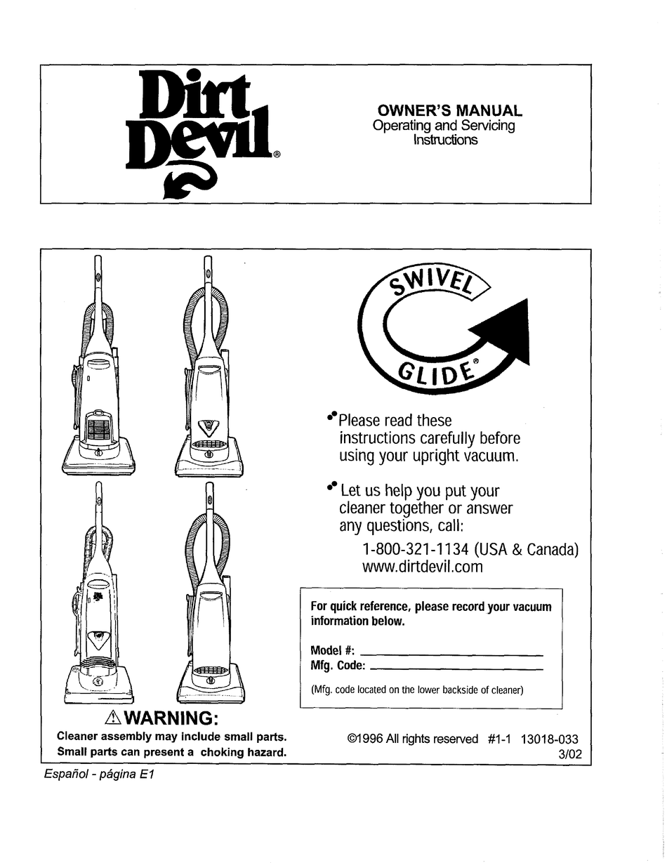 DIRT DEVIL SWIVEL GLIDE OWNER'S MANUAL Pdf Download ManualsLib